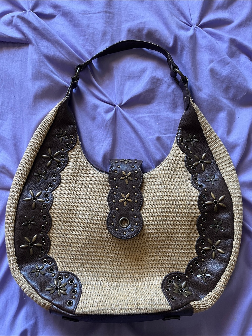 Isaac Mizrahi Beige Straw Shoulder Bag with Brown Leather Accents